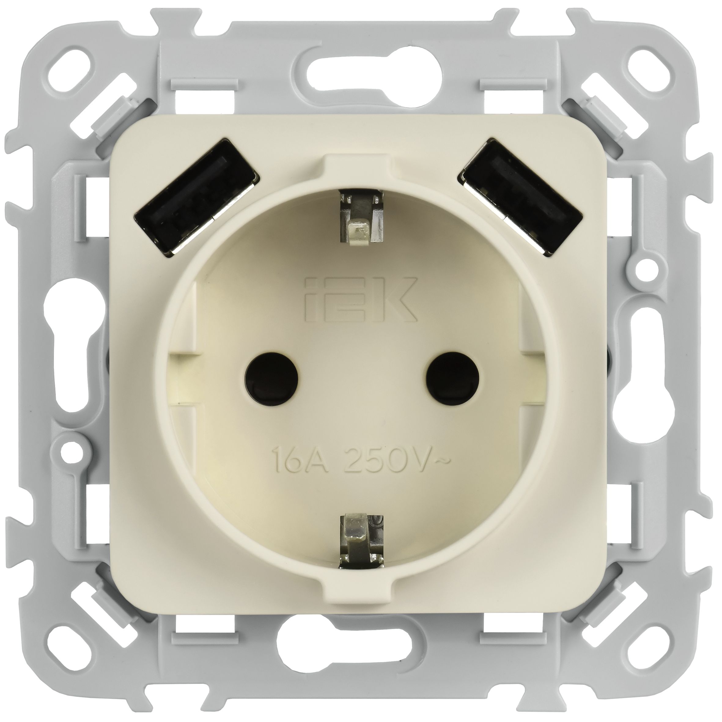 FLITE Розетка 1-местная с заземлением с защитными шторками 16А с USB A+A 3,1А безвинтовое крепление РСЮша11-1-ФлСл сливочный IEK — фото