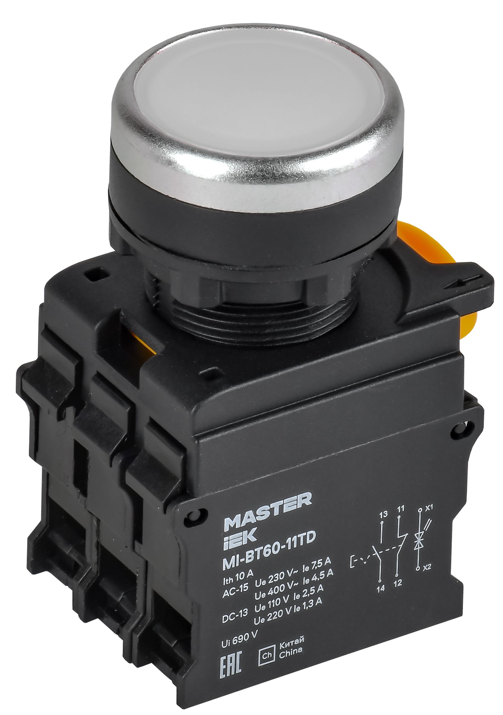 Кнопка с подсветкой и фиксацией d=22мм 1NO+1NC белая MASTER IEK — фото
