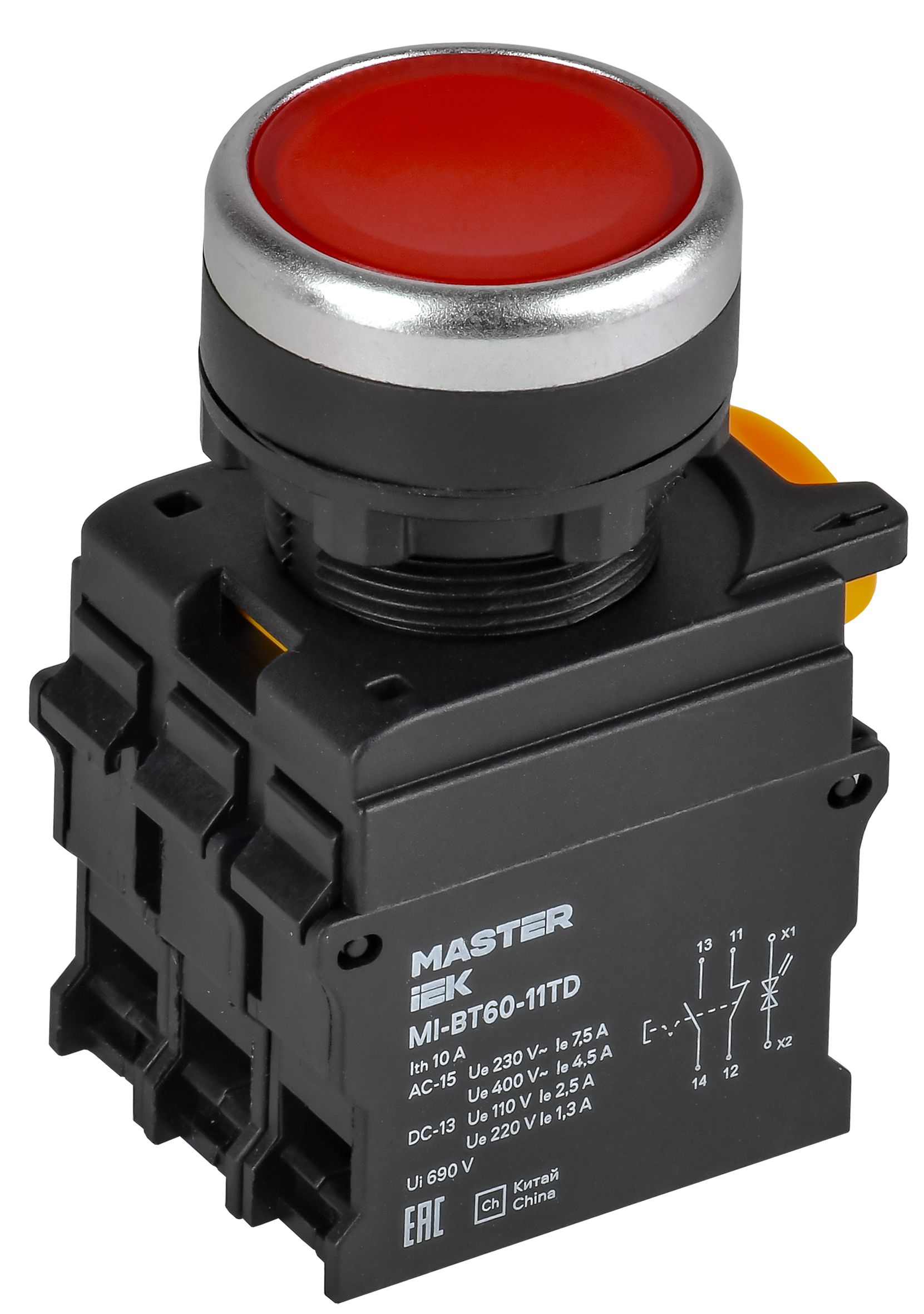 Кнопка с подсветкой и фиксацией d=22мм 1NO+1NC красная MASTER IEK