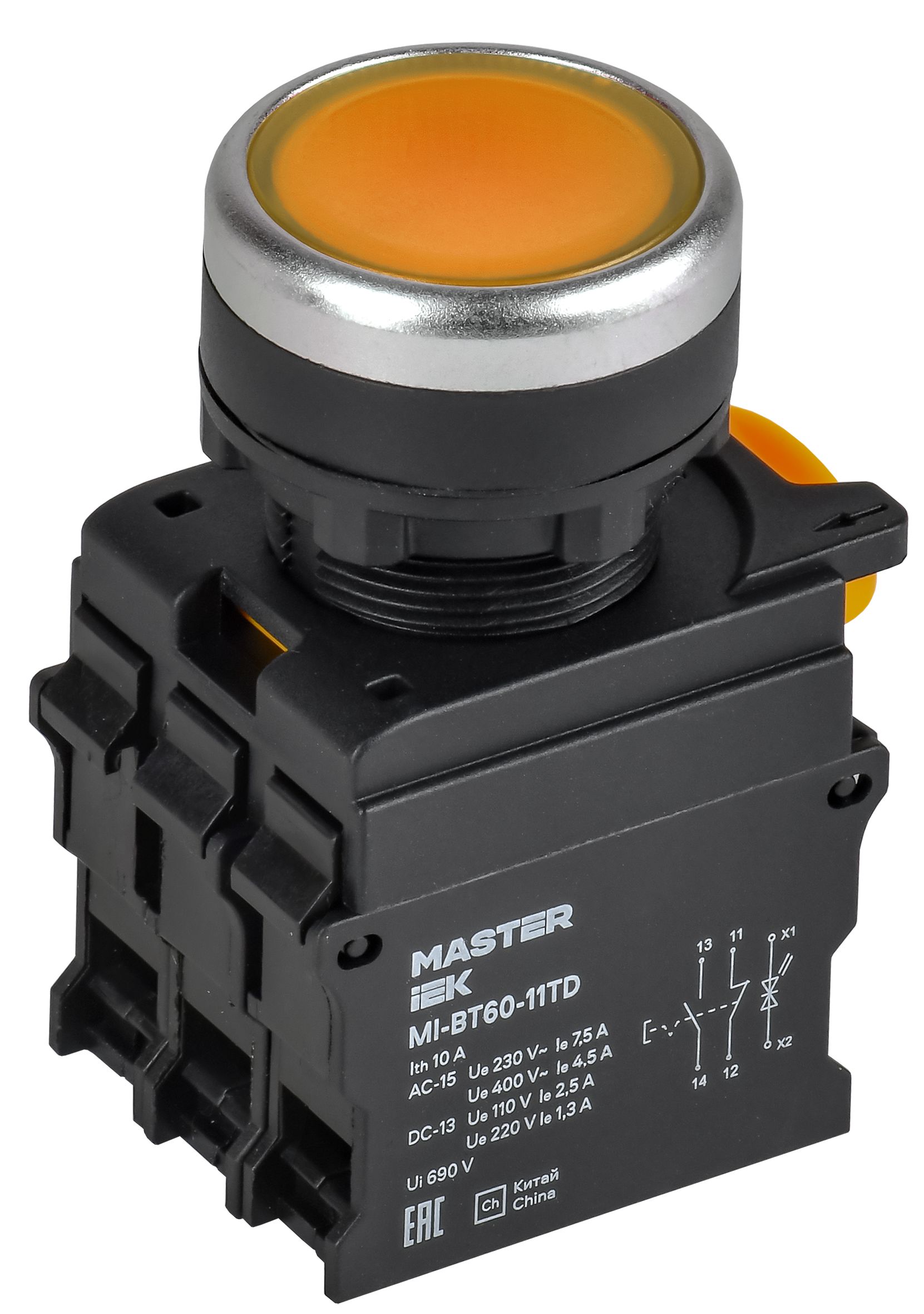 Кнопка с подсветкой и фиксацией d=22мм 1NO+1NC жёлтая MASTER IEK — фото