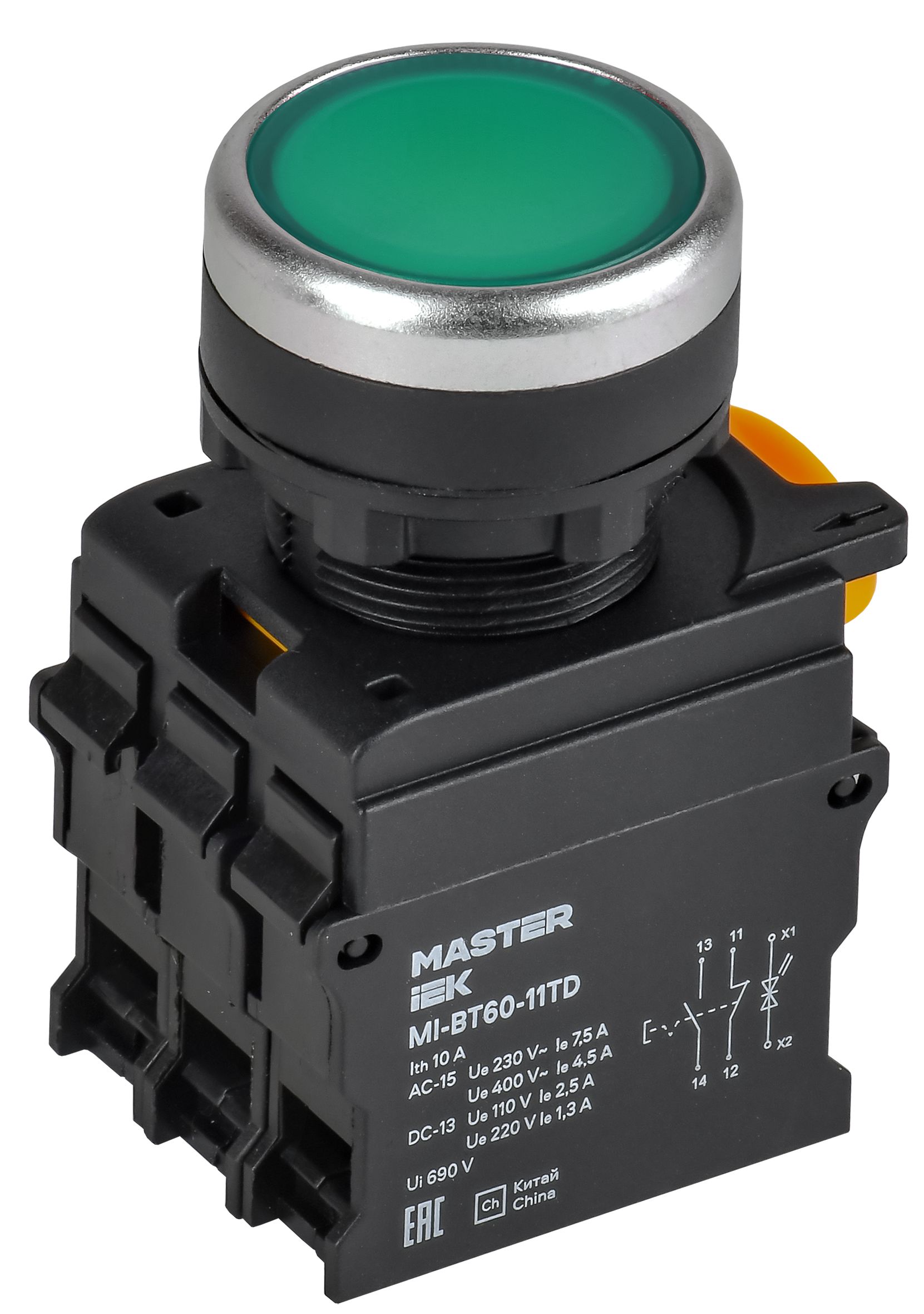 Кнопка с подсветкой и фиксацией d=22мм 1NO+1NC зелёная MASTER IEK — фото