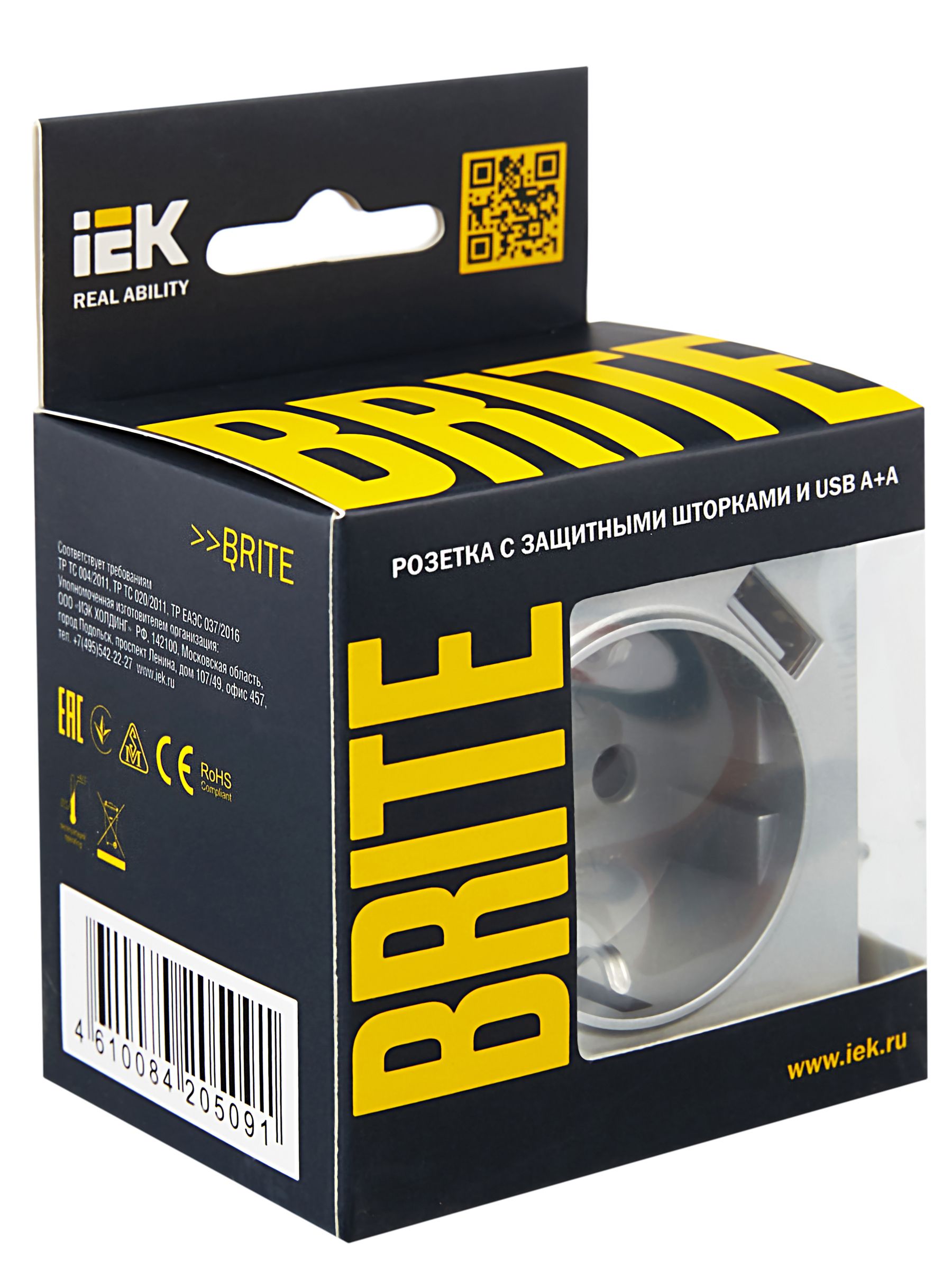 BRITE Розетка 1-местная с заземлением с защитными шторками 16А с USB A+A 5В 2,1А РЮш10-1-БрА алюминий IEK — фото