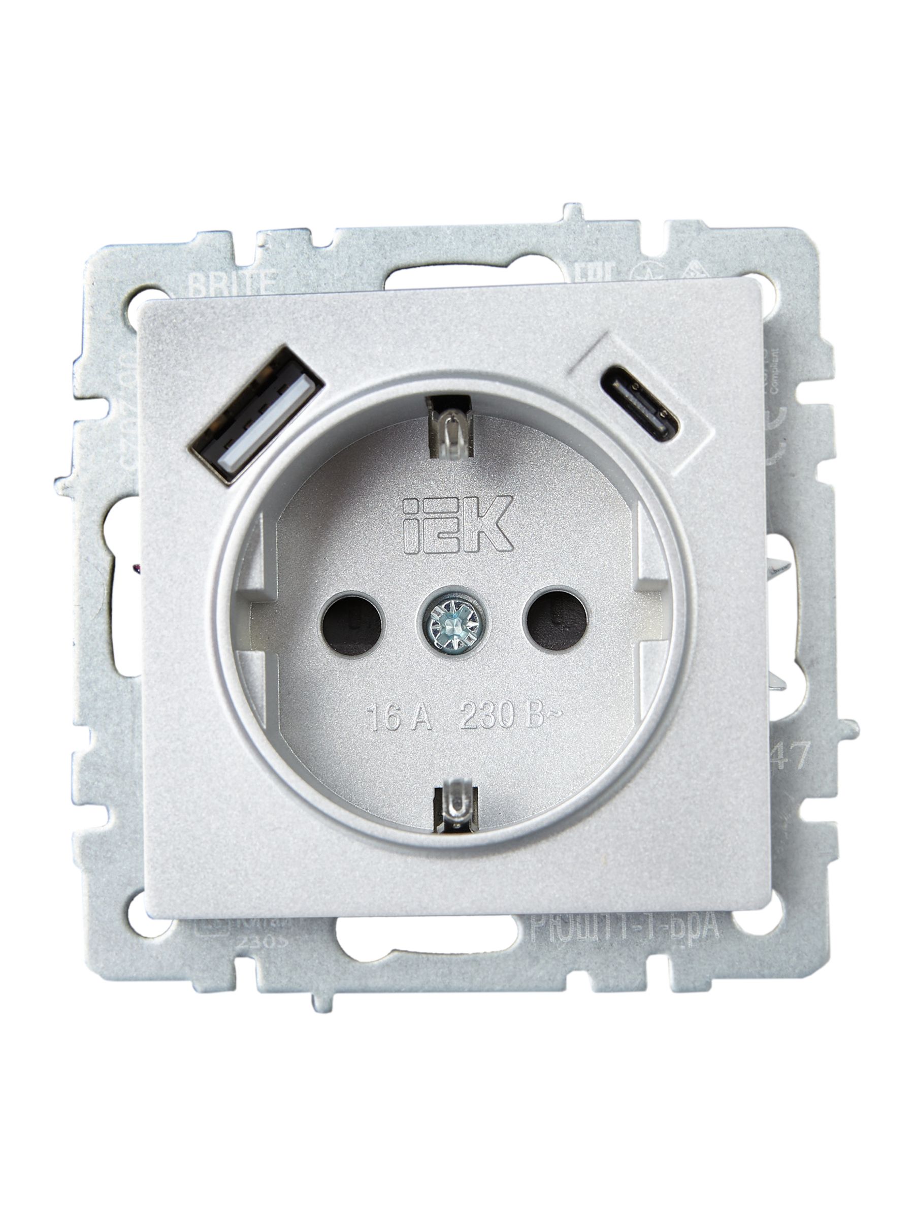 BRITE Розетка 1-местная с заземлением с защитными шторками 16А с USB A+C 18Вт РЮш11-1-БрА алюминий IEK — фото