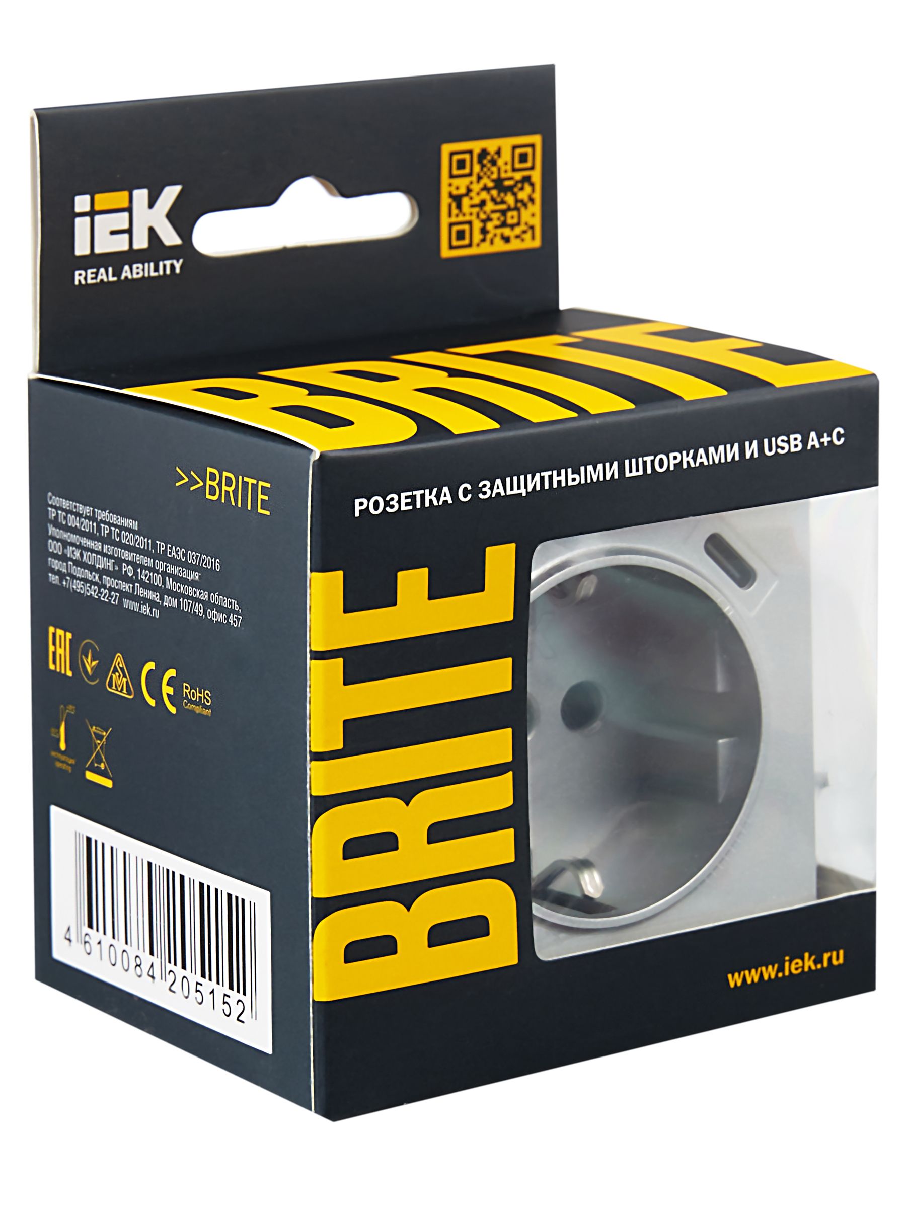 BRITE Розетка 1-местная с заземлением с защитными шторками 16А с USB A+C 18Вт РЮш11-1-БрА алюминий IEK — фото