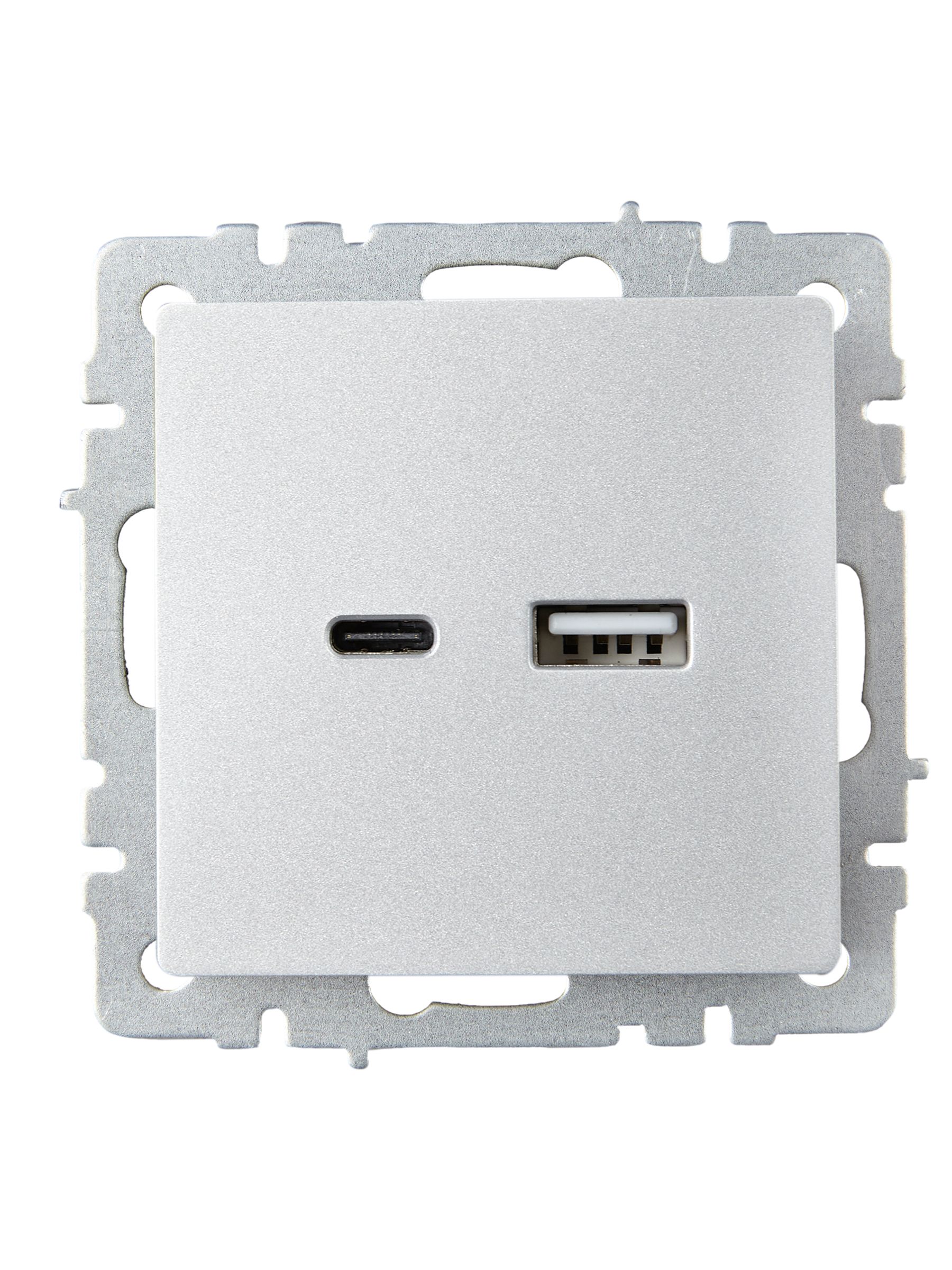 BRITE Розетка USB A+C 18Вт РЮ11-1-БрА алюминий IEK — фото