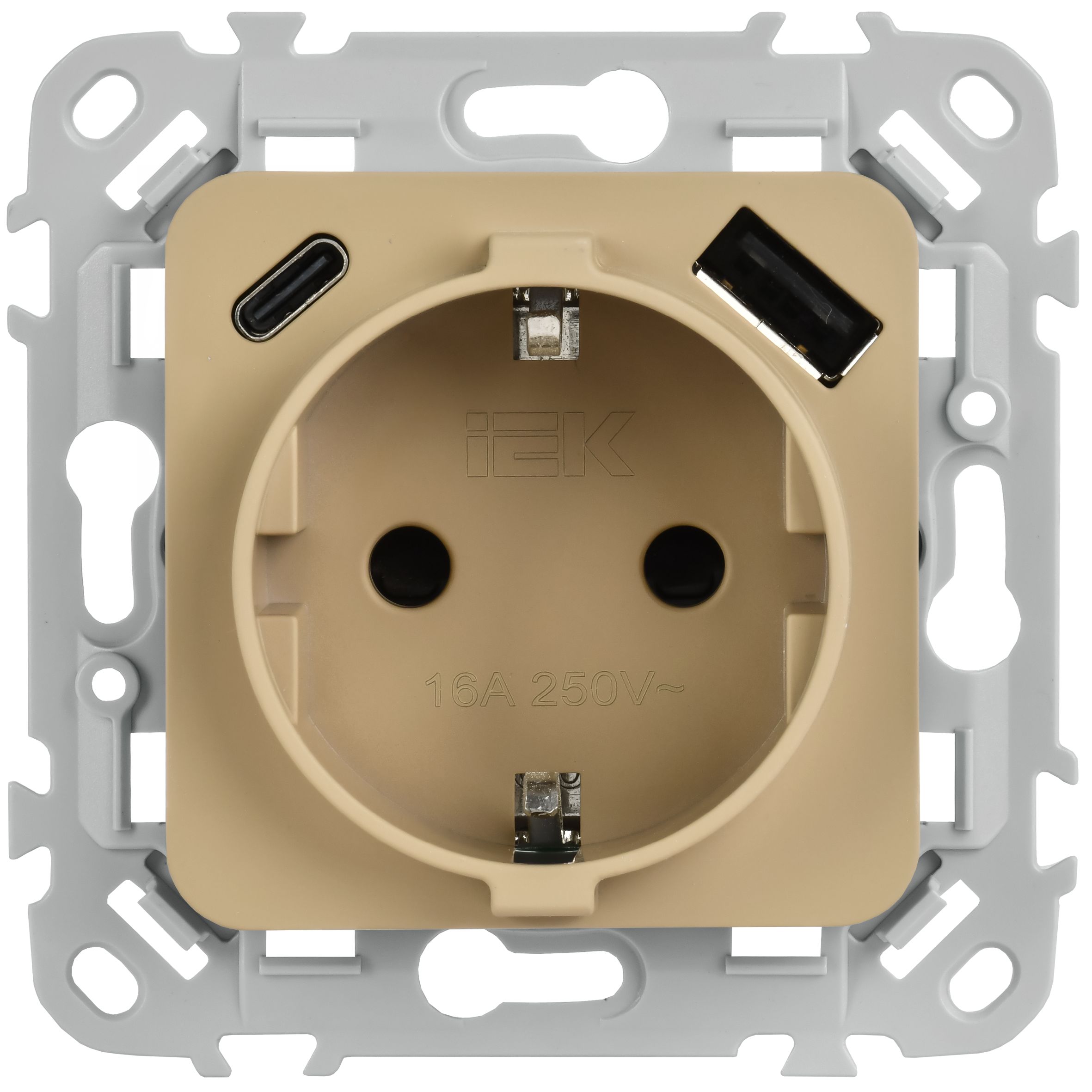 FLITE Розетка 1-местная с заземлением с защитными шторками 16А с USB A+C 20Вт безвинтовое крепление РСЮшс11-1-ФлХ хаки IEK — фото