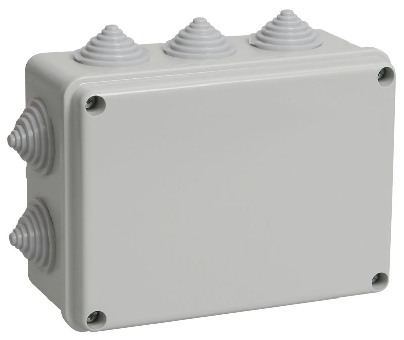 Коробка распаячная КМ41241 для открытой проводки безгалогенная (HF) 150х110х70мм IP44 10 гермовводов серая IEK