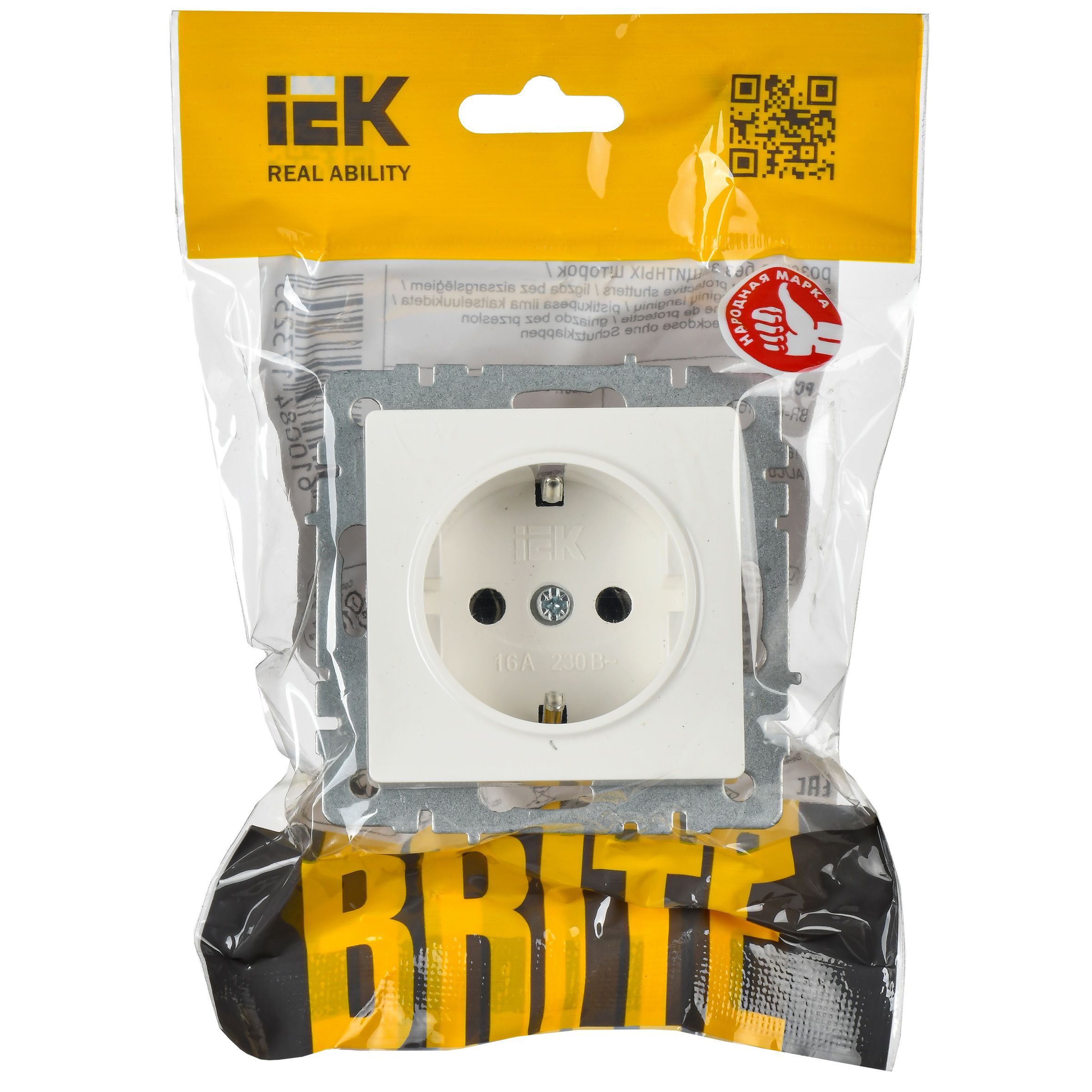 BRITE Розетка 1-местная с заземлением с защитными шторками 16А РС14-1-0-БрБ белый IEK — фото