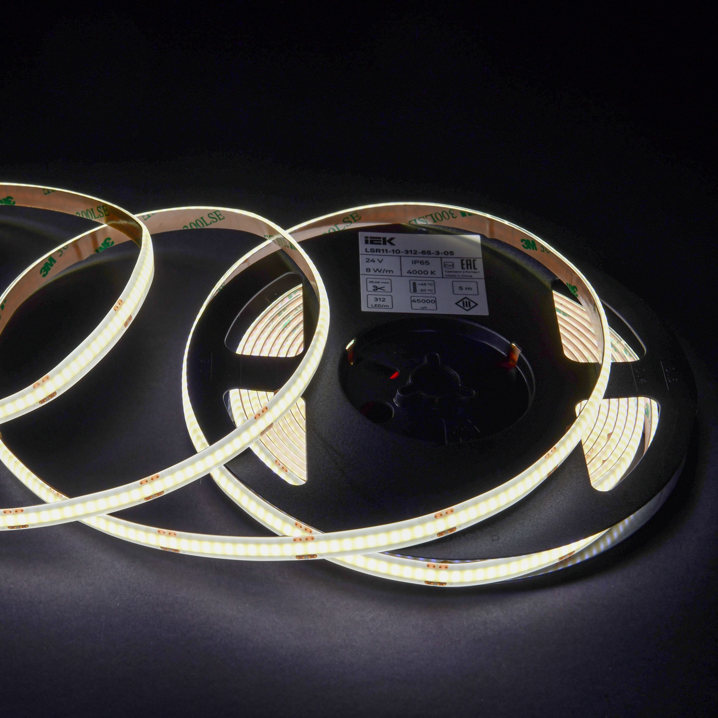 Лента светодиодная 5м COB 312LED/м 8Вт/м IP65 ширина 8мм 24В нейтральный белый IEK — фото