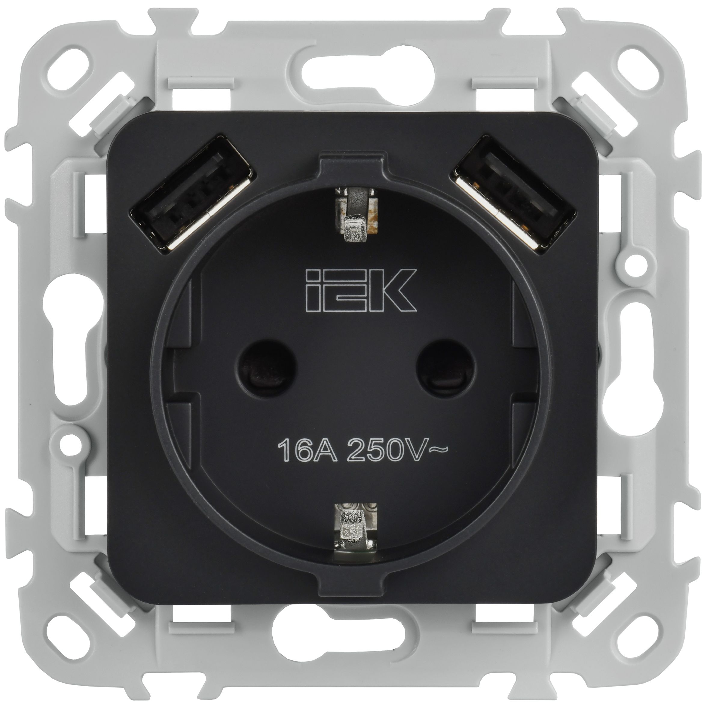 FLITE Розетка 1-местная с заземлением с защитными шторками 16А с USB A+A 3,1А безвинтовое крепление РСЮша11-1-ФлЧ черный IEK — фото