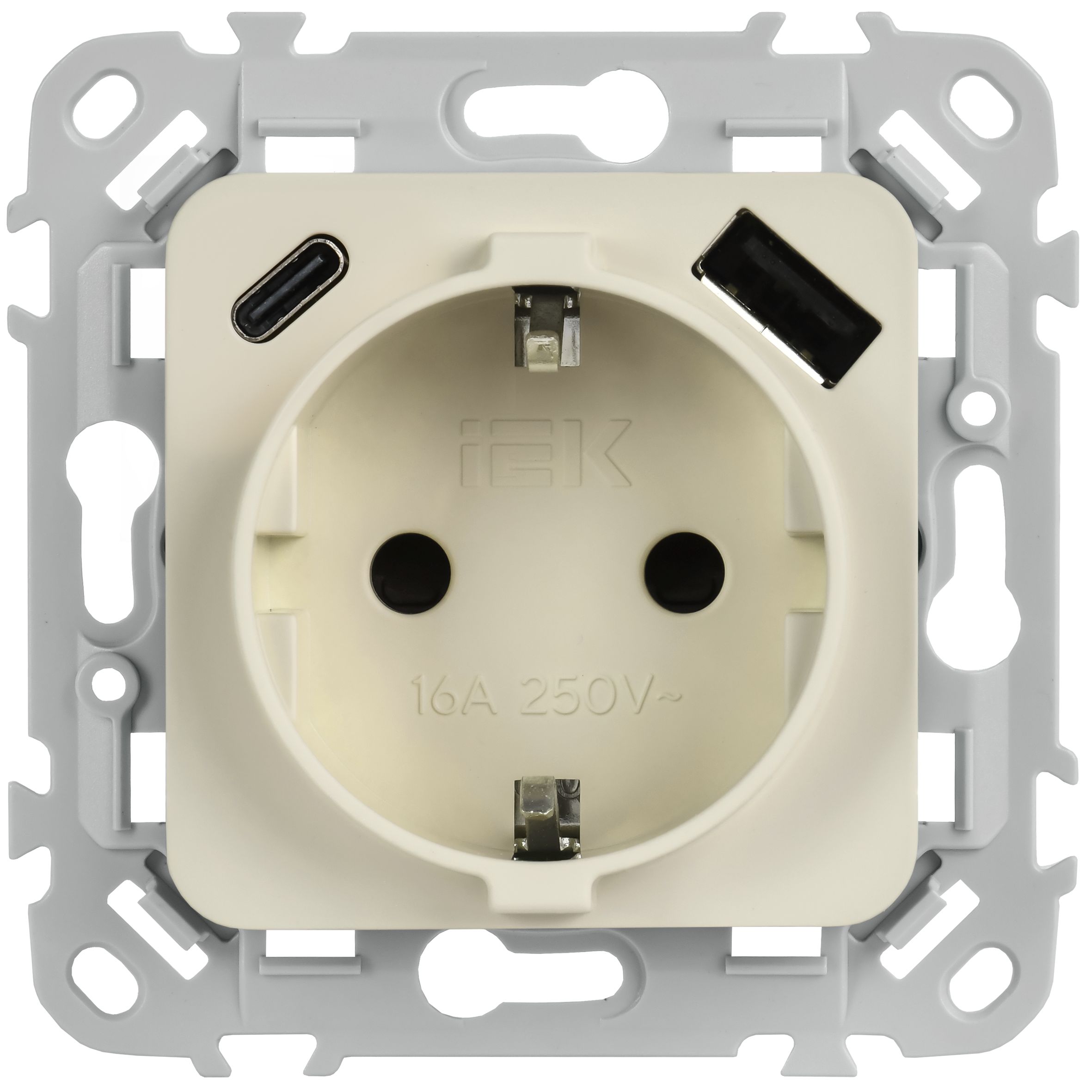 FLITE Розетка 1-местная с заземлением с защитными шторками 16А с USB A+C 20Вт безвинтовое крепление РСЮшс11-1-ФлСл сливочный IEK — фото
