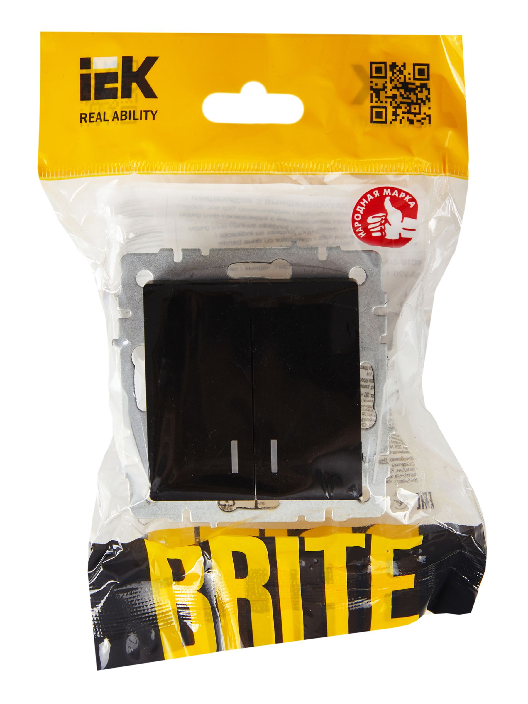 BRITE Выключатель 2-клавишный с индикацией 10А ВС10-2-1-БрЧ черный IEK — фото