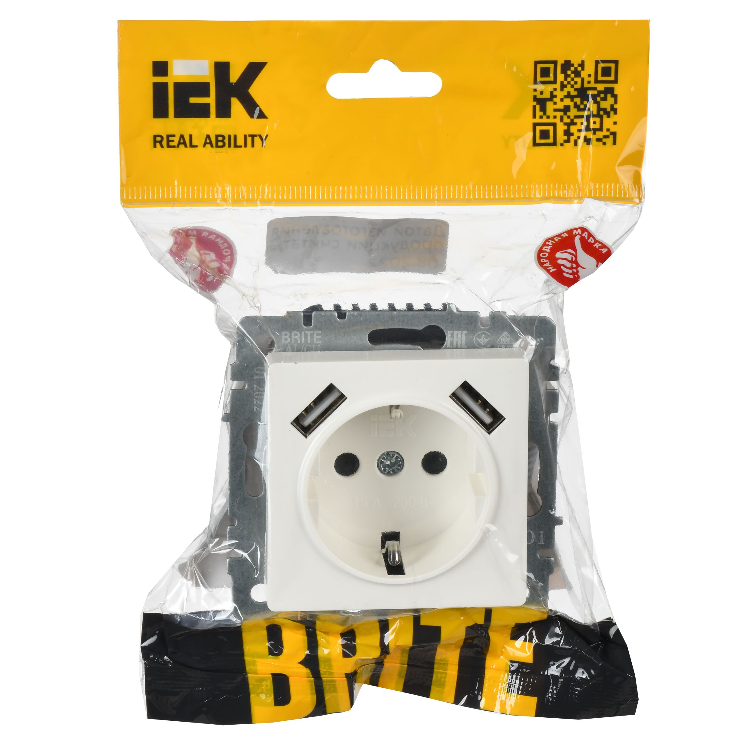 BRITE Розетка 1-местная с заземлением с защитными шторками 16А с USB A+A 5В 2,1А РЮш10-1-БрБ белый IEK — фото