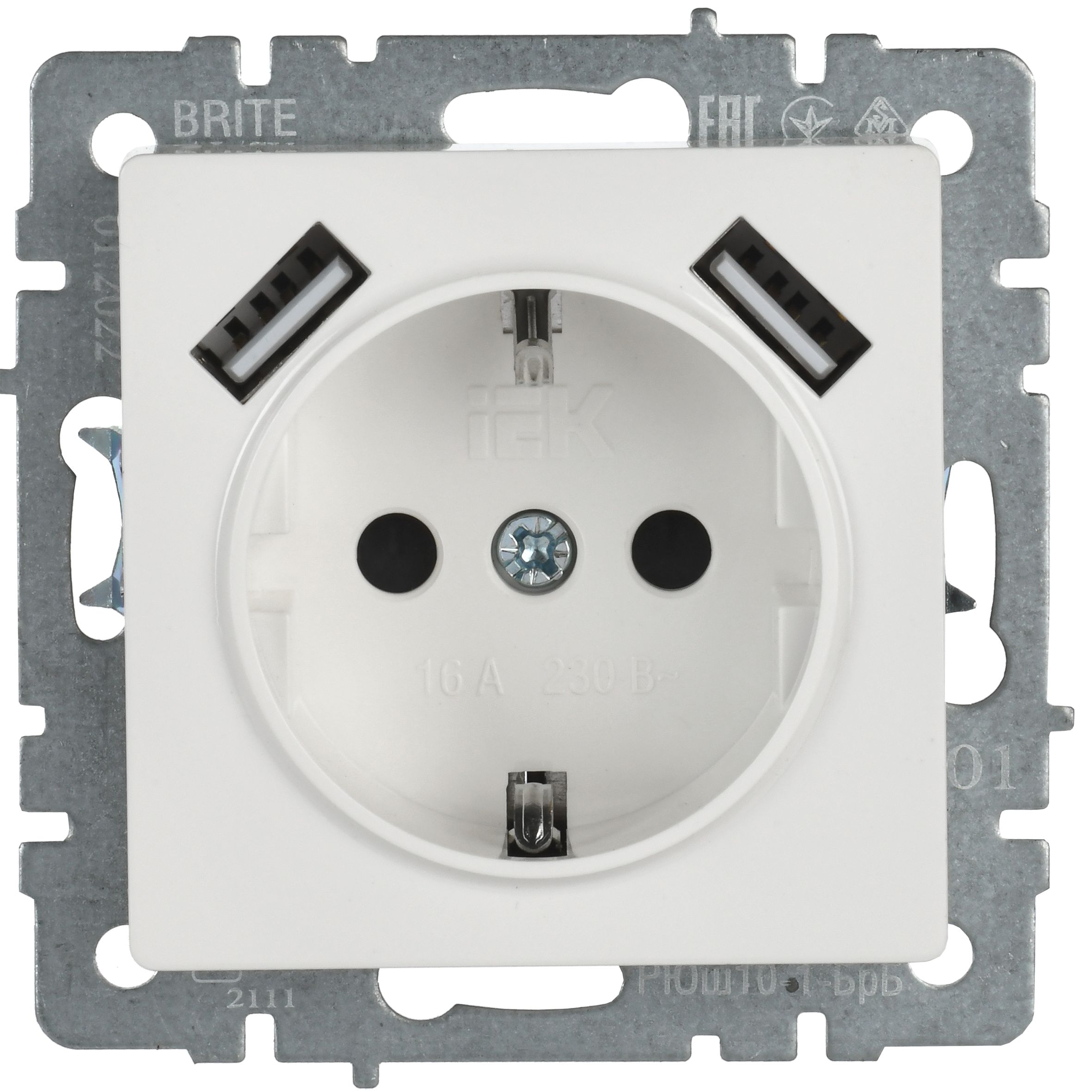 BRITE Розетка 1-местная с заземлением с защитными шторками 16А с USB A+A 5В 2,1А РЮш10-1-БрБ белый IEK — фото