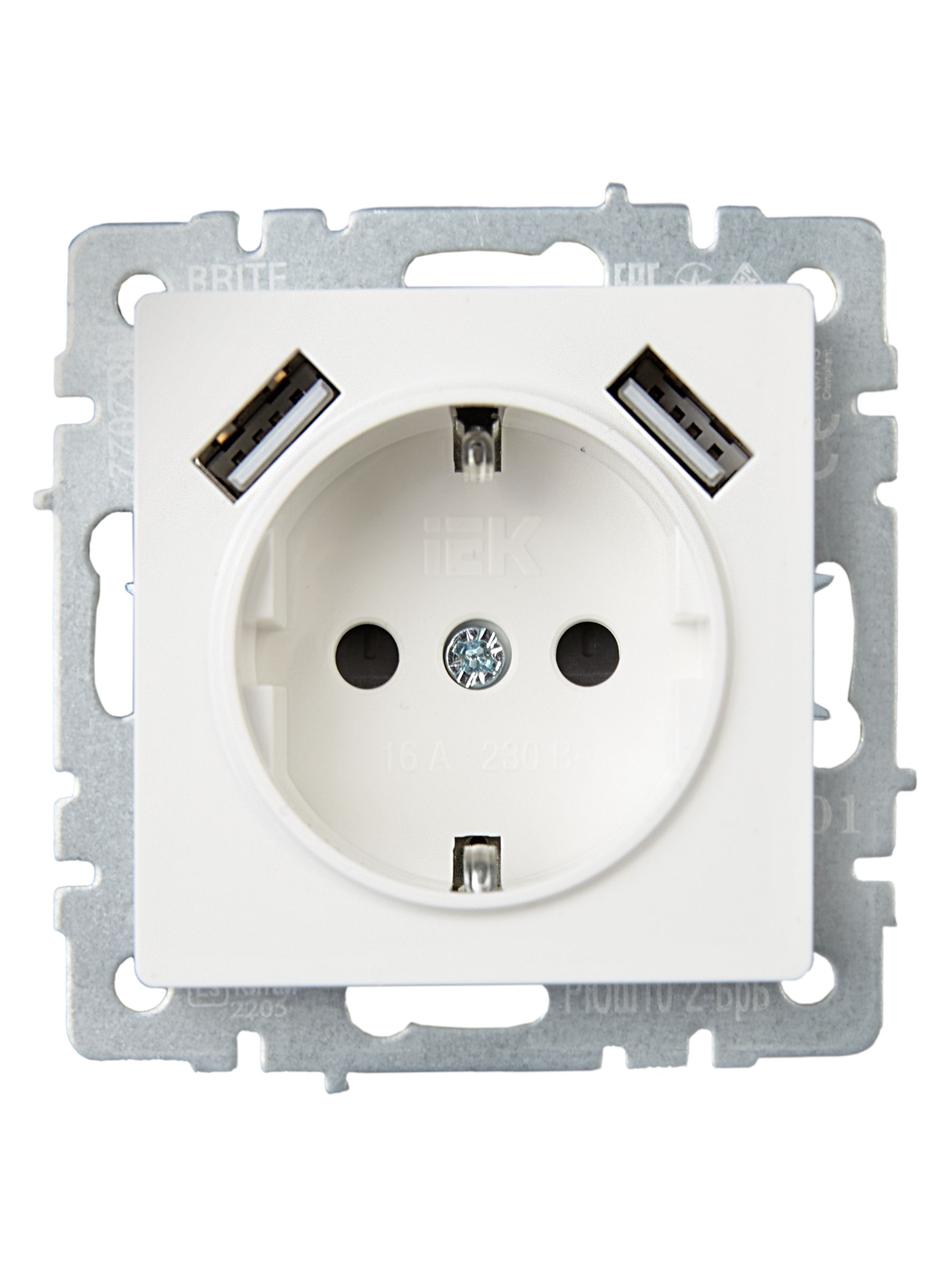 BRITE Розетка 1-местная с заземлением с защитными шторками 16А с USB A+A 5В 3,1А РЮш10-2-БрБ белый IEK — фото
