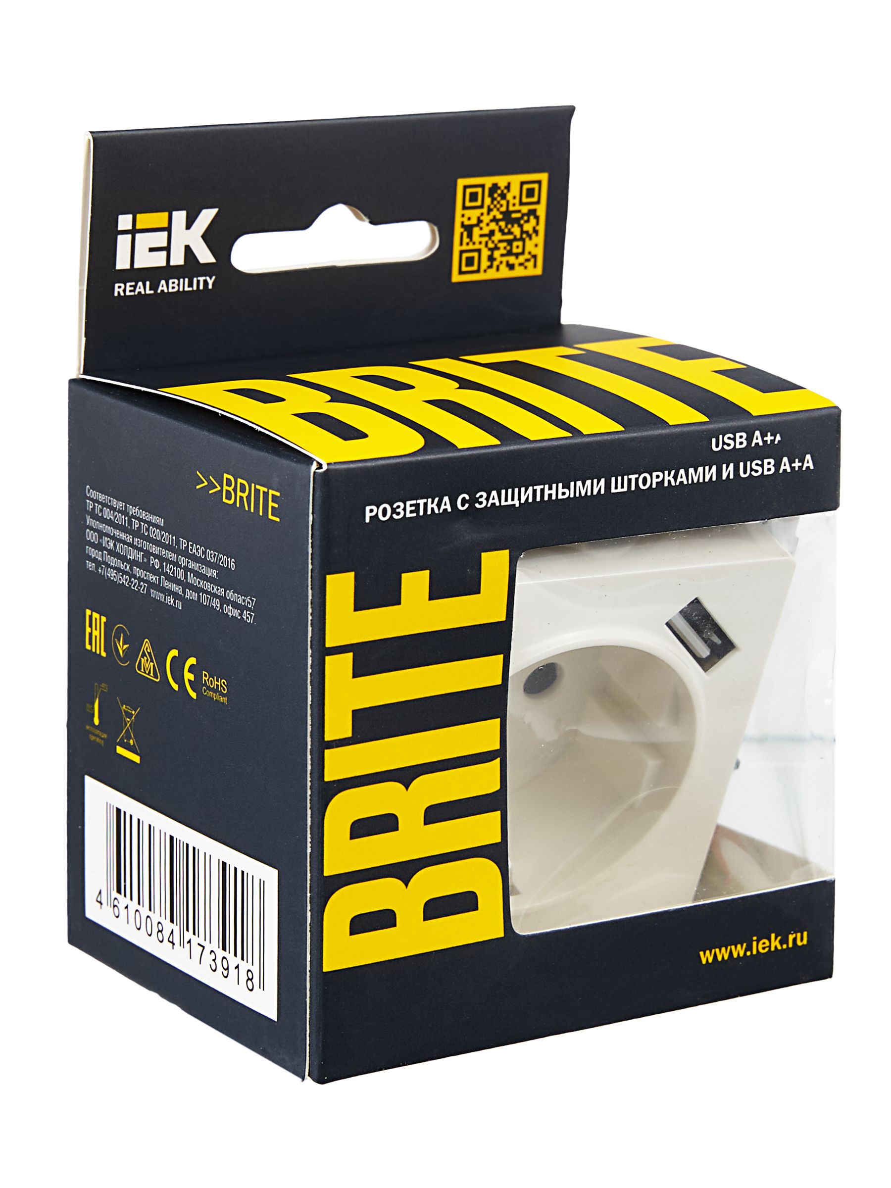 BRITE Розетка 1-местная с заземлением с защитными шторками 16А с USB A+A 5В 3,1А РЮш10-2-БрБ белый IEK — фото
