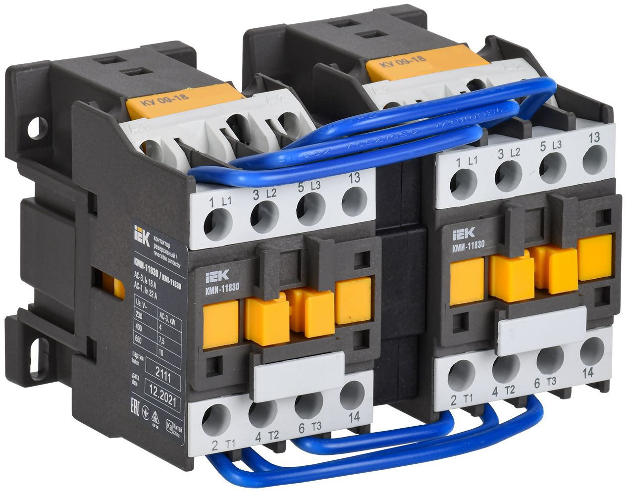 Контактор КМИ-11830 реверс 18А 400В/АС3 2NO IEK