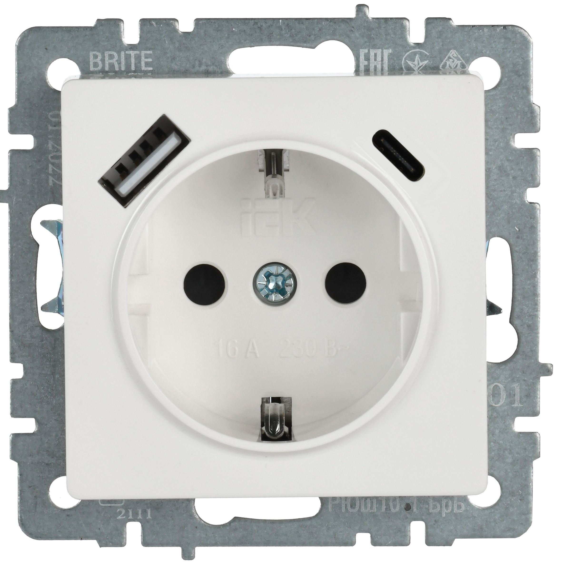 BRITE Розетка 1-местная с заземлением с защитными шторками 16А с USB A+C 18Вт РЮш11-1-БрБ белый IEK — фото