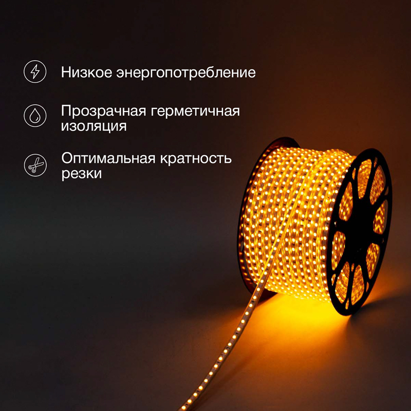 Лента светодиодная 220В, SMD5050, 60 LED/м, Желтый, 13х8мм,с кабелем питания, IP67 NEON-NIGHT — фото