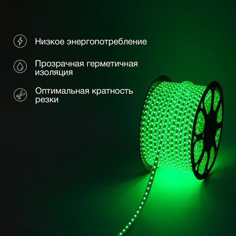 Лента светодиодная 220В, SMD5050, 60 LED/м, Зеленый, 13х8мм,с кабелем питания, IP67 NEON-NIGHT — фото