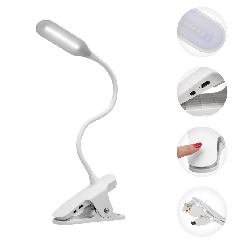 Светильник настольный Click 4Вт, LED, 4000К, диммируемый 3 ступени, заряжаемый, на прищепке, белый REXANT — фото