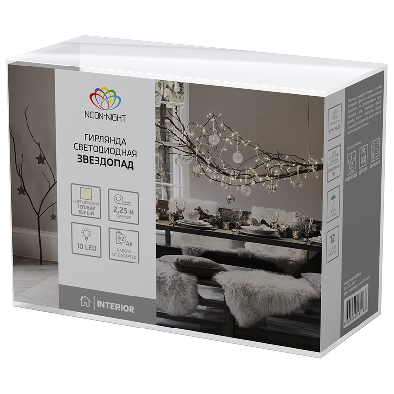 Гирлянда светодиодная Звездопад красная 10 LED, 2,25 м, прозрачный ПВХ, теплый белый свет свечения, 2 х АА (батарейки не в комплекте) NEON-NIGHT — фото