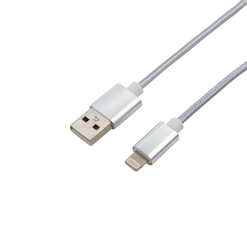 Кабель USB-A – Lightning, 2,4А, 1м, в серебристой нейлоновой оплетке REXANT — фото