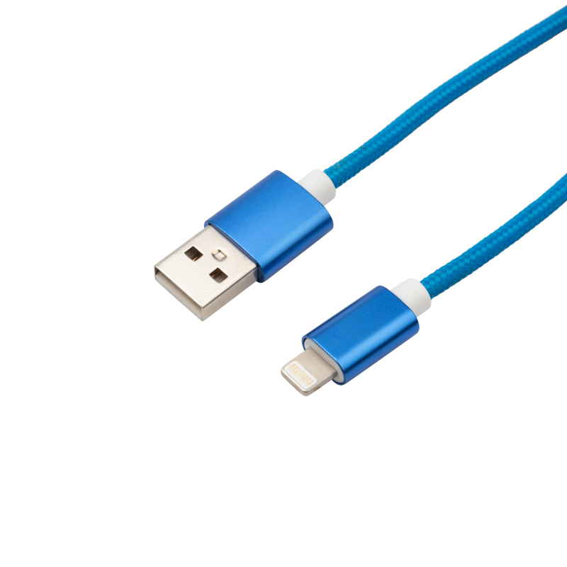 Кабель USB-A – Lightning, 2,4A 1м, в синей нейлоновой оплетке REXANT — фото
