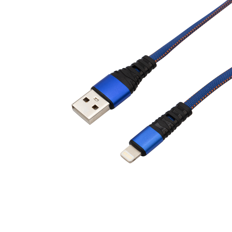Кабель USB-A – Lightning, 2,4A, 1м, в синей нейлоновой оплетке, плоский REXANT — фото