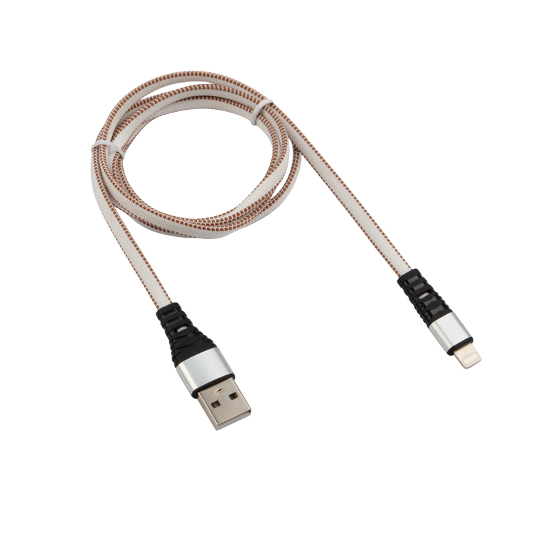 Кабель USB-A – Lightning, 2,4A, 1м, в белой нейлоновой оплетке, плоский REXANT — фото