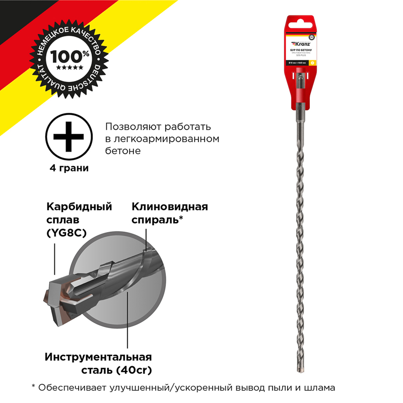 Бур по бетону 8x460x400мм, крестовая пластина, хвостовик SDS-plus KRANZ