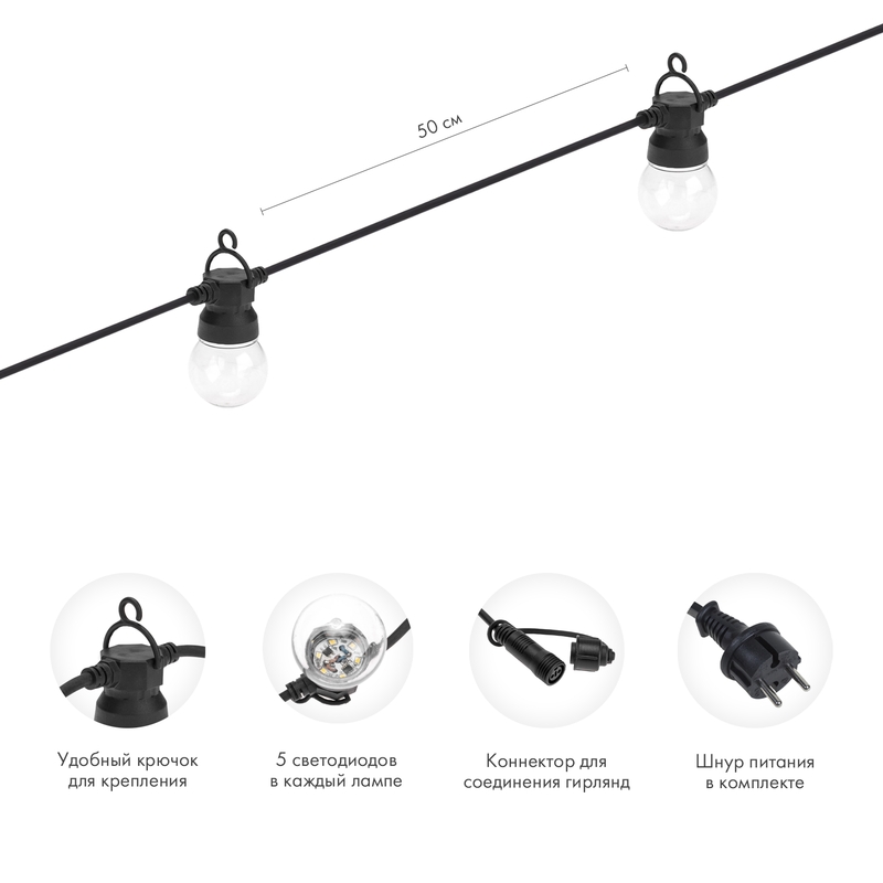 Уличная гирлянда Лофт 10м, черный каучук, 20 прозрачных ламп х 5 LED, теплый белый, влагостойкая IP44 — фото
