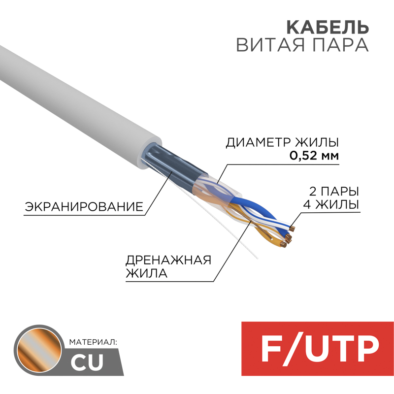 Кабель витая пара F/UTP, CAT 5e, LSZH нг(А)-HF, 2PR, 24AWG, внутренний, однопроволочный, серый, 305м REXANT