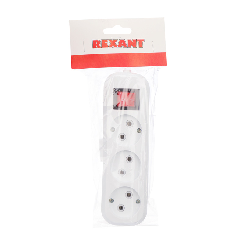 Колодка 3 гнезда с кнопкой без заземления REXANT — фото