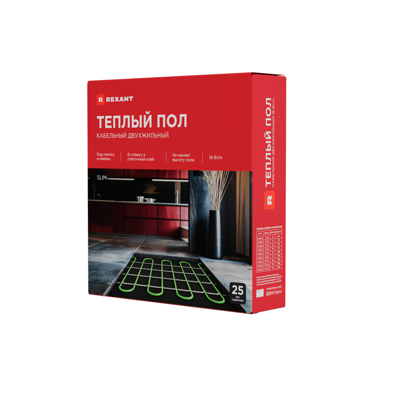 Теплый пол, кабельная секция Slim RNB-30-550 550Вт, 30м, 2,5-3,6м² двухжильный REXANT — фото