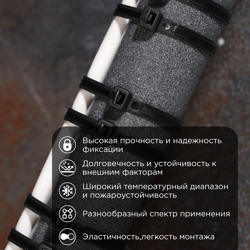 Стяжка нейлоновая Профессиональная 250x4,8мм, черная (100 шт/уп) REXANT — фото