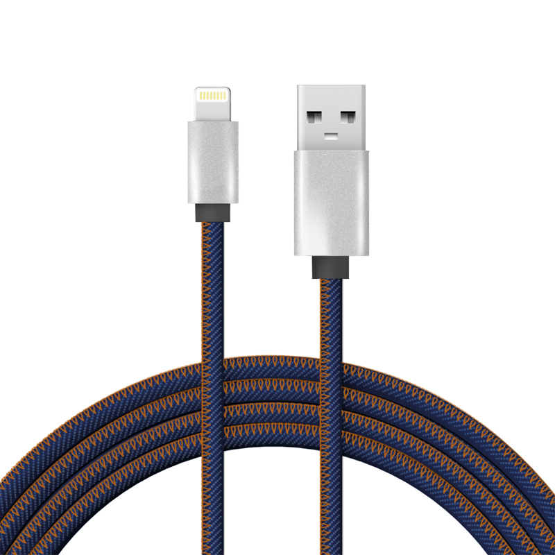 Кабель USB-A – Lightning, 2,4A, 1м, в нейлоновой оплетке (джинсовая ткань) REXANT