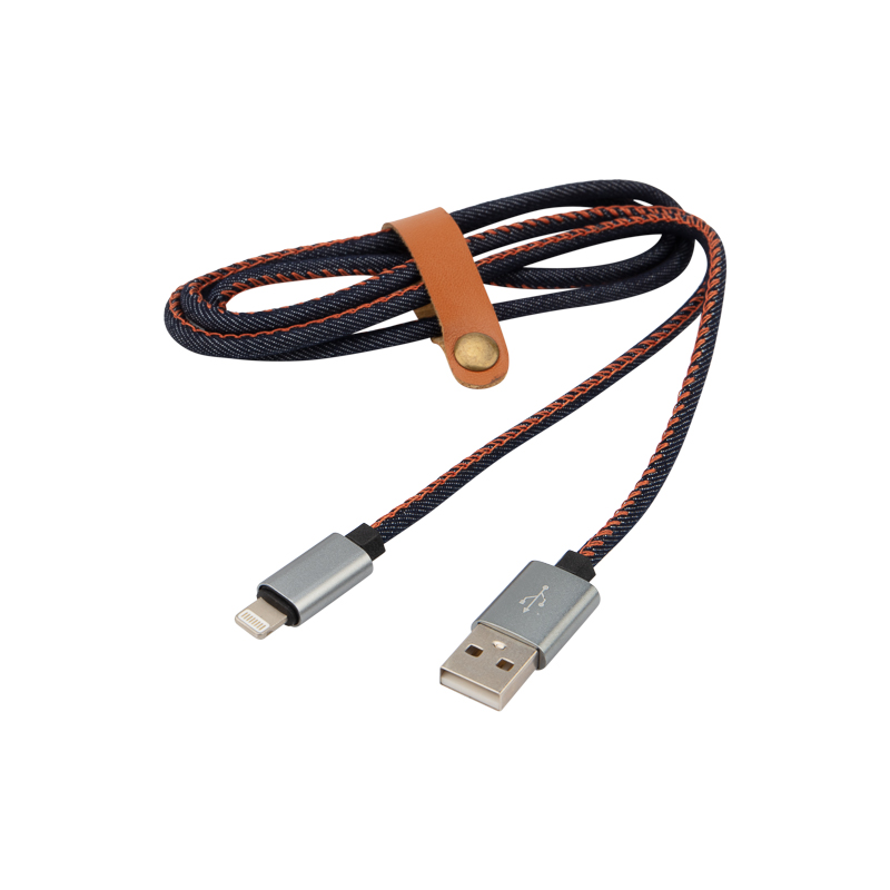 Кабель USB-A – Lightning, 2,4A, 1м, в нейлоновой оплетке (джинсовая ткань) REXANT — фото