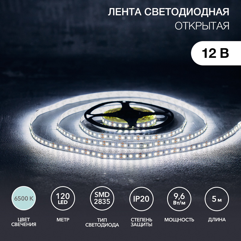 Лента светодиодная 12В, SMD2835, 9,6 Вт/м, 120 LED/м, 6500K, 8мм, 5м, IP20 LAMPER — фото