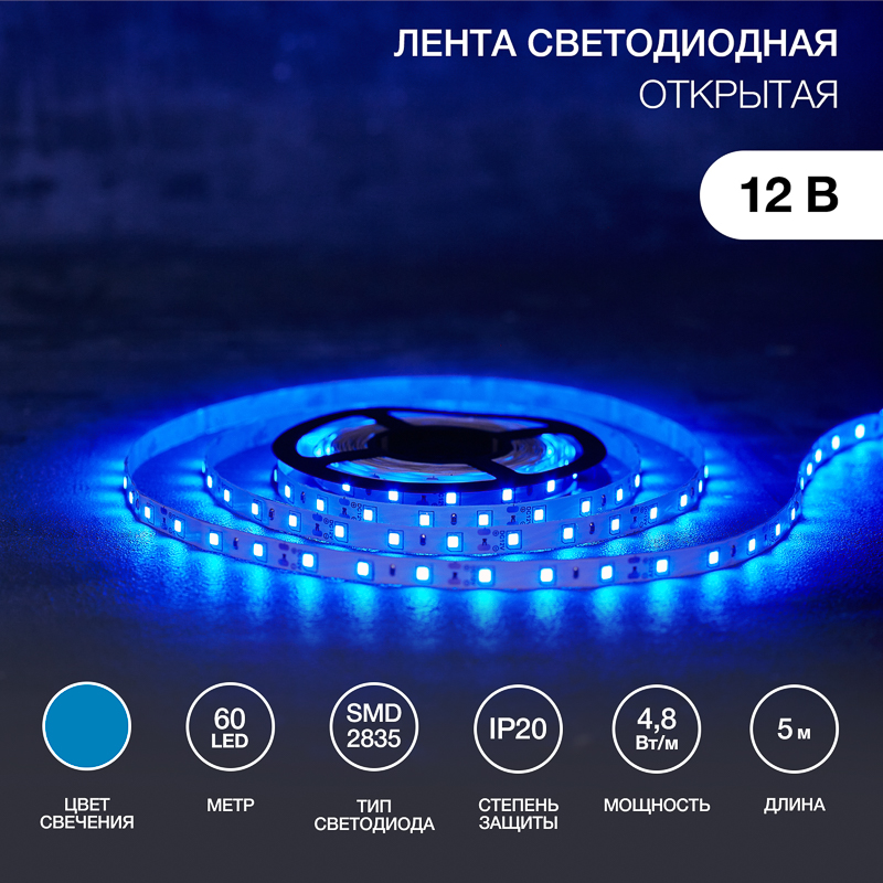 Лента светодиодная 12В, SMD2835, 4,8Вт/м, 60 LED/м, синий, 8мм, 5м, IP20 LAMPER — фото