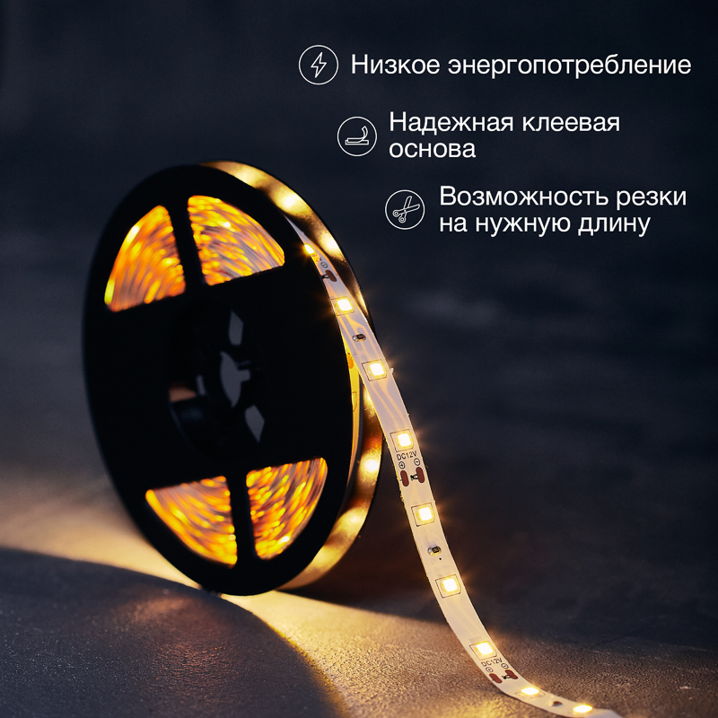 Лента светодиодная 12В, SMD2835, 4,8Вт/м, 60 LED/м, 3000К, 8мм, 5м, IP20 LAMPER — фото