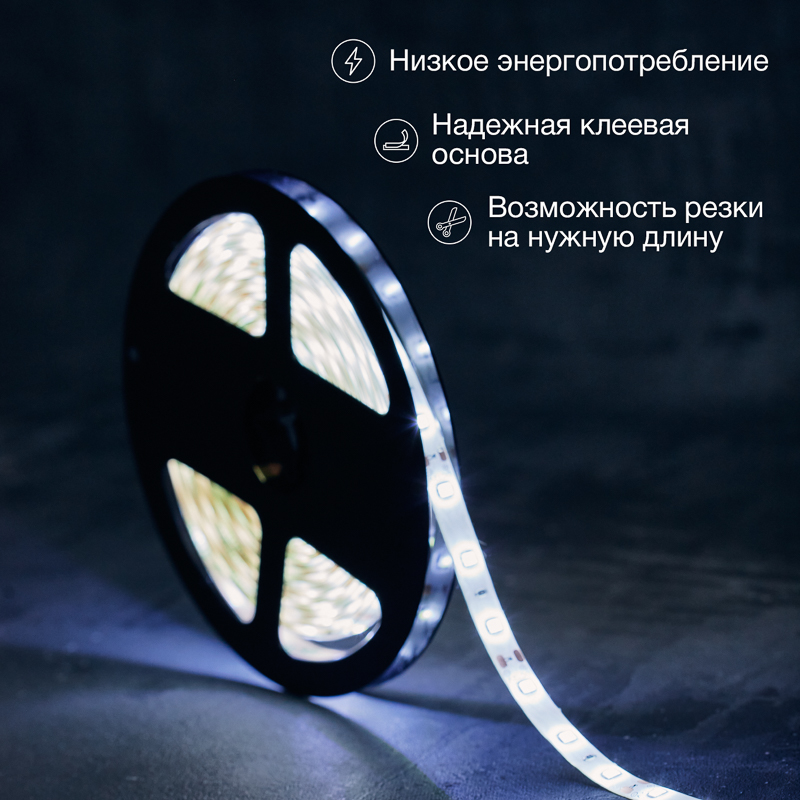 Лента светодиодная 12В, SMD2835, 4,8Вт/м, 60 LED/м, 6500К, 8мм, 5м, IP65 LAMPER — фото
