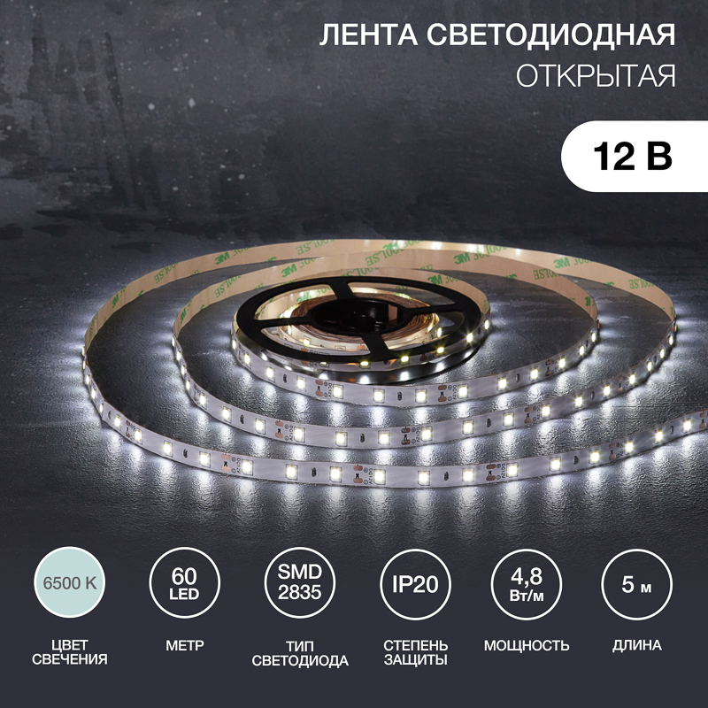 Лента светодиодная 12В, SMD2835, 4,8Вт/м, 60 LED/м, 6500К, 8мм, 5м, для БП с клеммами, IP20 LAMPER — фото