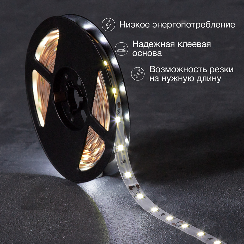 Лента светодиодная 12В, SMD2835, 4,8Вт/м, 60 LED/м, 6500К, 8мм, 5м, для БП с клеммами, IP20 LAMPER — фото