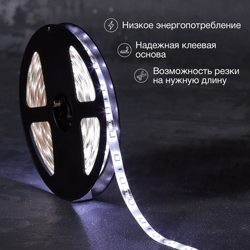 Лента светодиодная 12В, SMD2835, 4,8Вт/м, 60 LED/м, 6500К, 8мм, 5м, для БП с клеммами, IP65 LAMPER — фото