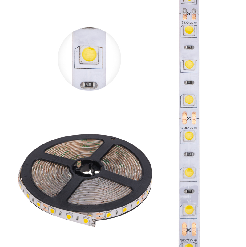 Лента светодиодная 12В, SMD5050, 14,4Вт/м, 60 LED/м, 2700К, 10мм, 5м, для БП с клеммами, IP65 LAMPER — фото