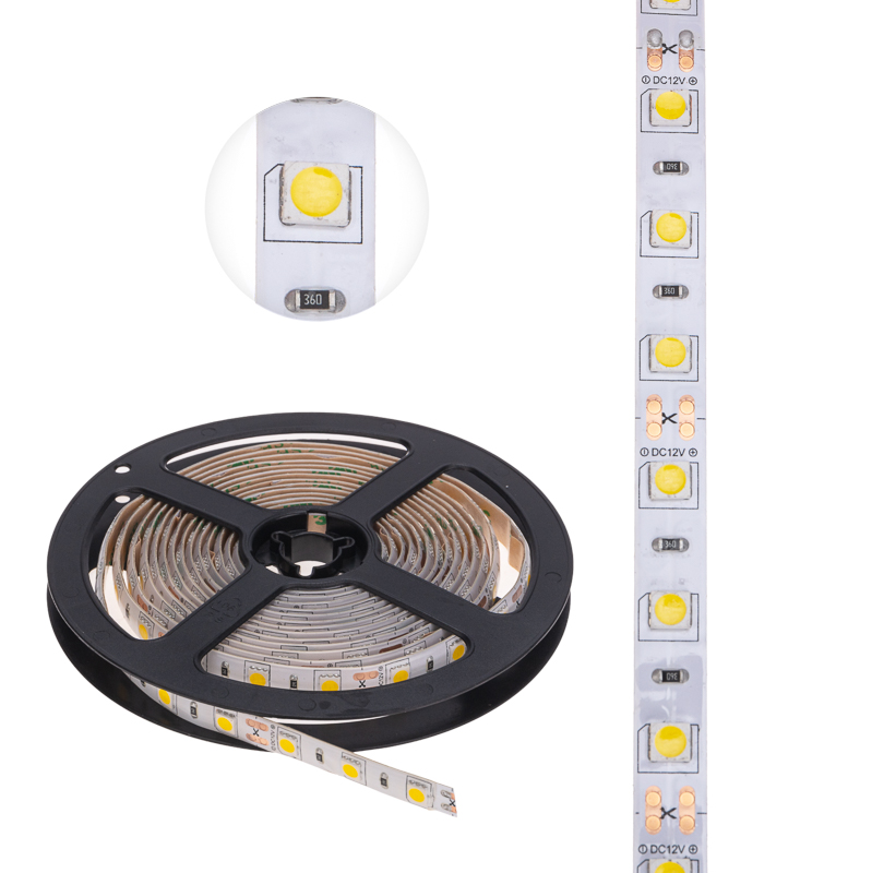 Лента светодиодная 12В, SMD5050, 14,4Вт/м, 60 LED/м, 2700К, 10мм, 3м, для БП с клеммами, IP65 LAMPER — фото