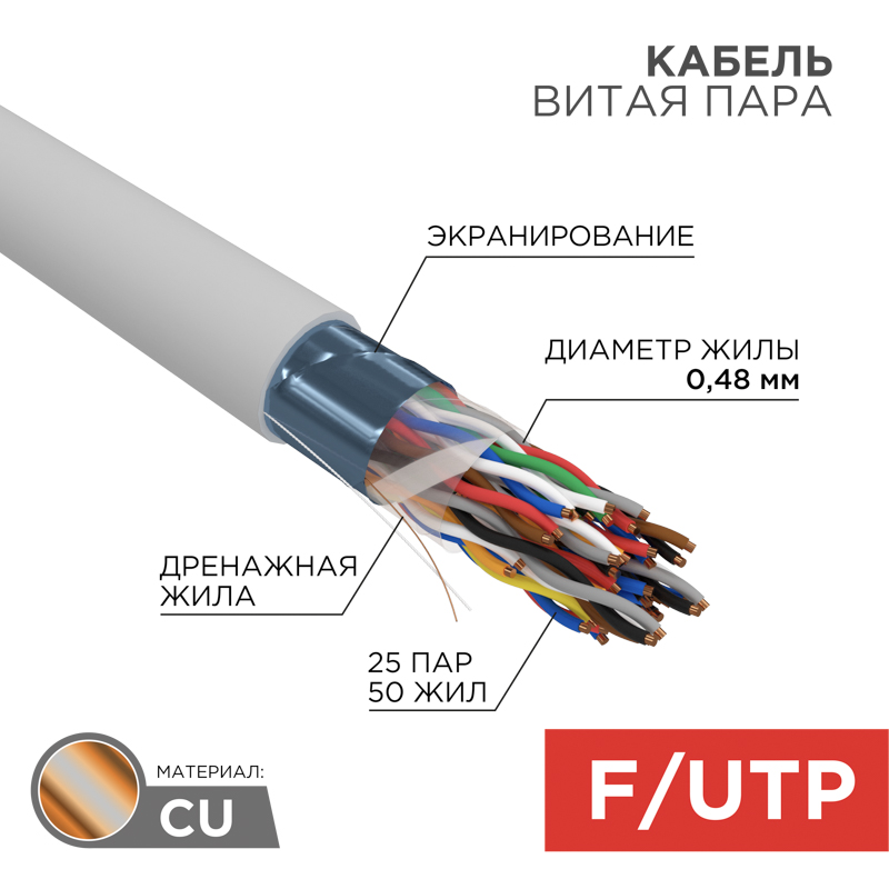 Кабель витая пара F/UTP, CAT 5е, PVC, 25PR, 24AWG, внутренний, однопроволочный, серый, 305м, РФ REXANT — фото