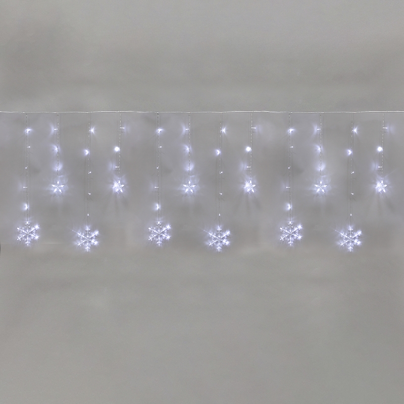 Гирлянда Бахрома со снежинками 2,4х0,9м, 150LED БЕЛЫЙ, прозрачный ПВХ, IP20, свечение с динамикой, 230В, не соединяется, с контроллером 8 режимов — фото