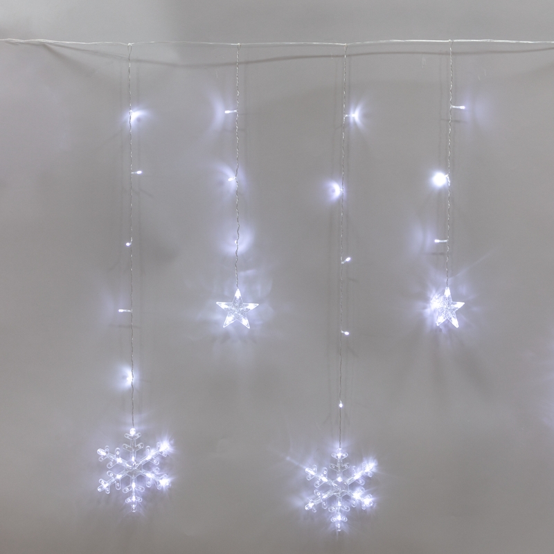 Гирлянда Бахрома со снежинками 2,4х0,9м, 150LED БЕЛЫЙ, прозрачный ПВХ, IP20, свечение с динамикой, 230В, не соединяется, с контроллером 8 режимов — фото